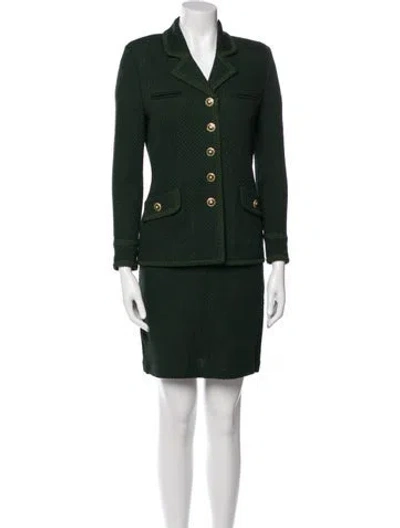 Pre-owned St John Wool Crystal Embellishments Skirt Set In Green