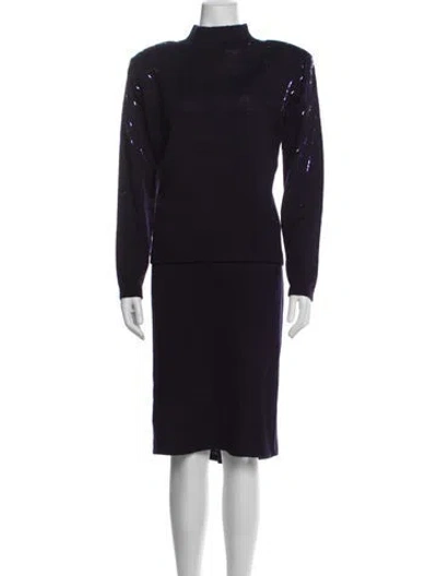 Pre-owned St John Wool Crystal Embellishments Skirt Set In Purple