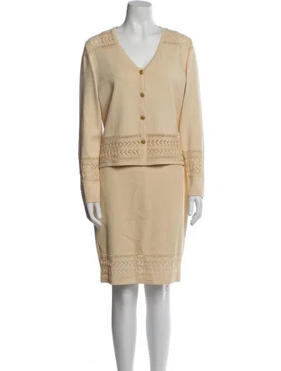 Pre-owned St John Wool Embroidered Accent Dress Set In White