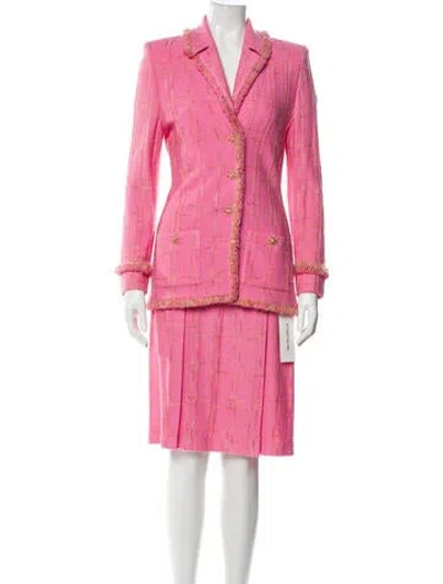 Pre-owned St John Wool Faux Fur Trim Skirt Suit In Pink