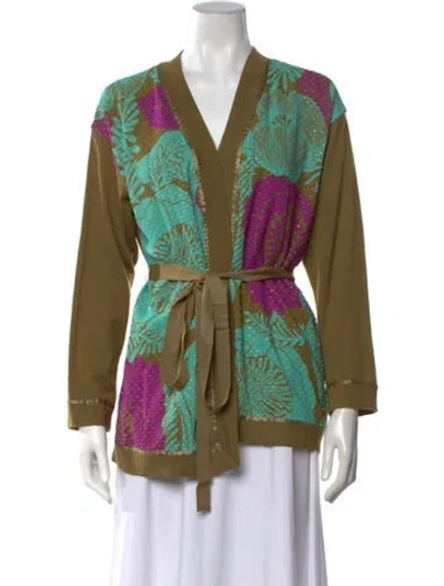 Pre-owned St John Wool Floral Print Sweater In Green