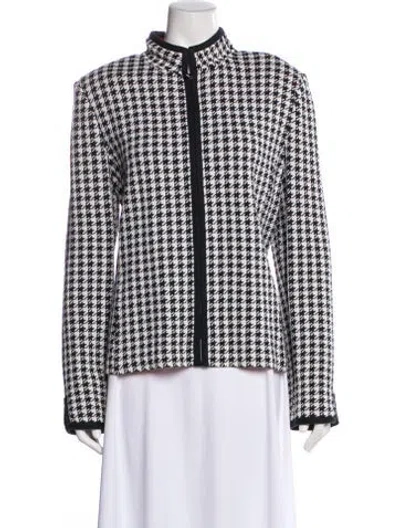 Pre-owned St John Wool Houndstooth Print Evening Jacket In White