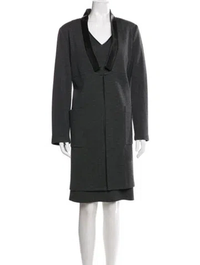 Pre-owned St John Wool Leather Trim Embellishment Dress Set In Gray