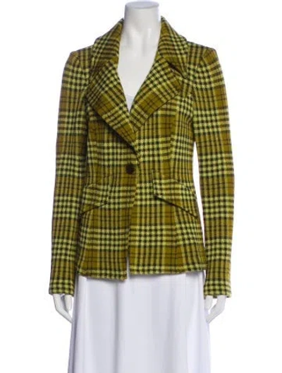 Pre-owned St John Wool Plaid Print Blazer In Green
