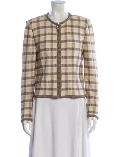 Pre-owned St John Wool Plaid Print Evening Jacket In Neutral