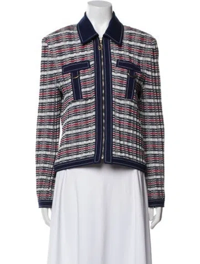 Pre-owned St John Wool Plaid Print Evening Jacket In White