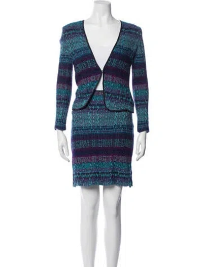 Pre-owned St John Wool Plaid Print Skirt Set In Blue