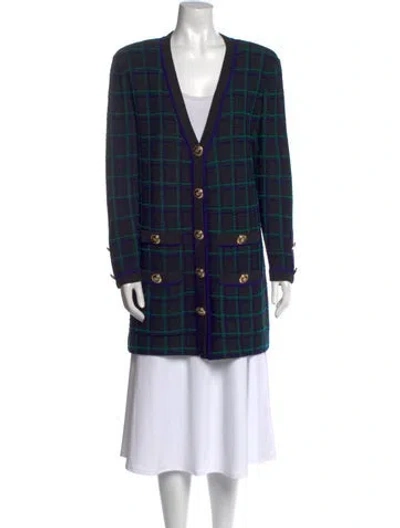 Pre-owned St John Wool Plaid Print Sweater In Black