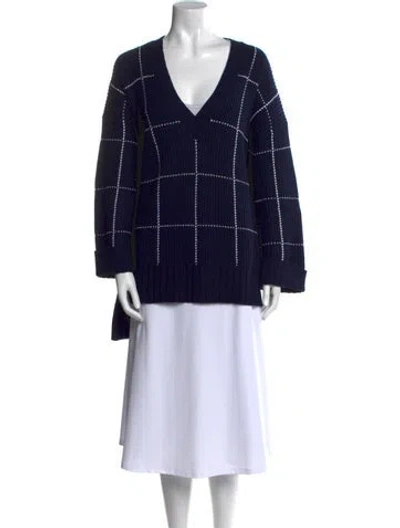 Pre-owned St John Wool Plaid Print Sweater In Blue