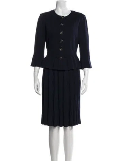 Pre-owned St John Wool Pleated Accents Skirt Set In Blue