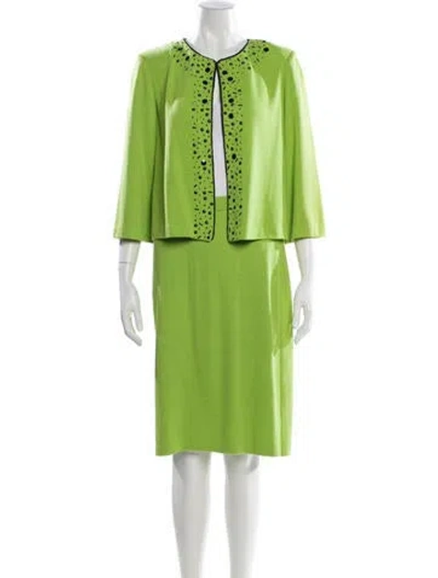 Pre-owned St John Wool Printed Skirt Suit In Green