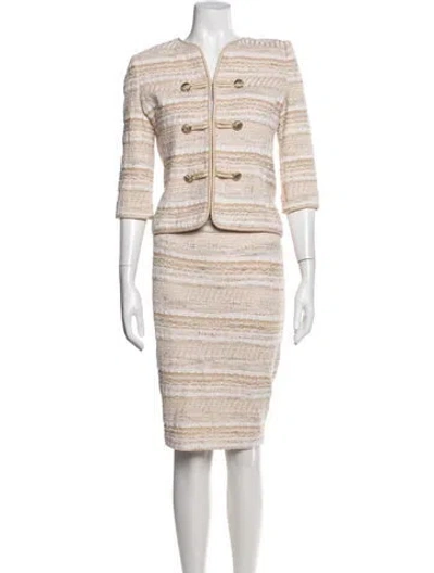 Pre-owned St John Wool Striped Skirt Set In White