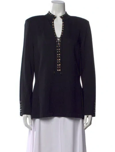 Pre-owned St John Wool Tie Neck Top In Black