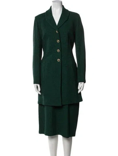 Pre-owned St John Wool Tweed Pattern Skirt Set In Green
