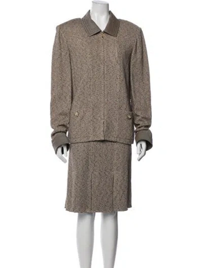 Pre-owned St John Wool Tweed Pattern Skirt Suit In Brown
