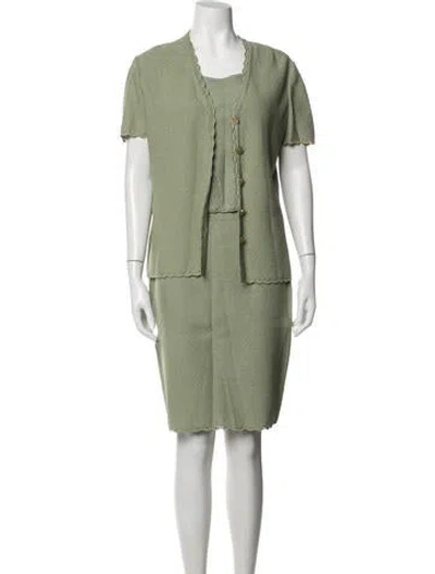Pre-owned St John Wool Tweed Pattern Skirt Suit In Green