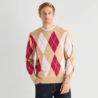 St. John's Bay Argyle Mens Crew Neck Long Sleeve Pullover Sweater In Brown
