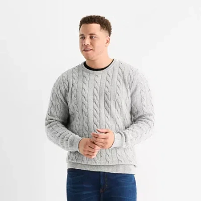 St. John's Bay Cable Big And Tall Mens Crew Neck Long Sleeve Pullover Sweater In Gray