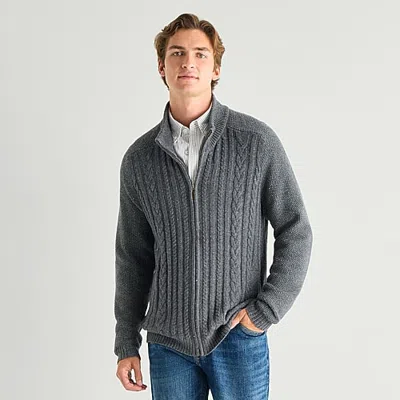 St. John's Bay Cable Mens Mock Neck Long Sleeve Zipper Cable Knit Cardigan In Gray