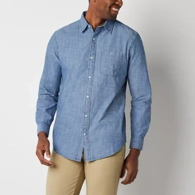 St. John's Bay Chambray Mens Long Sleeve Classic Fit Button-down Shirt In Blue