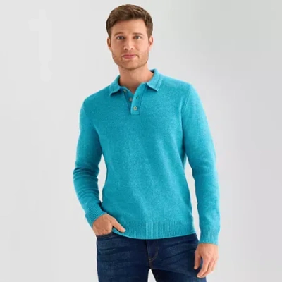 St. John's Bay Cozy Polo Mens Long Sleeve Pullover Sweater In Blue