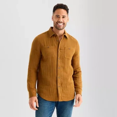 St. John's Bay Double Cloth Mens Long Sleeve Classic Fit Button-down Shirt In Brown