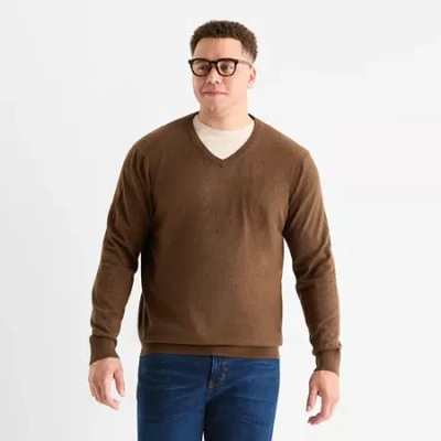 St. John's Bay Fine Gauge Big And Tall Mens V Neck Long Sleeve Pullover Sweater In Brown
