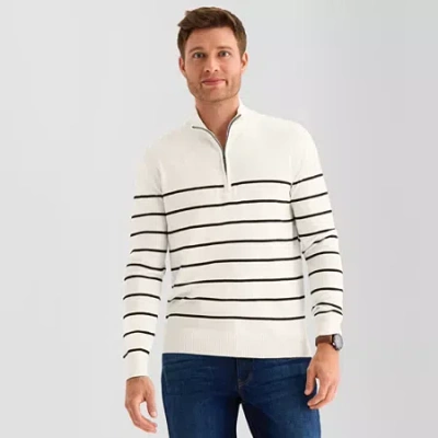 St. John's Bay Fine Gauge Mens Mock Neck Long Sleeve Striped Quarter-zip Pullover Sweater In White