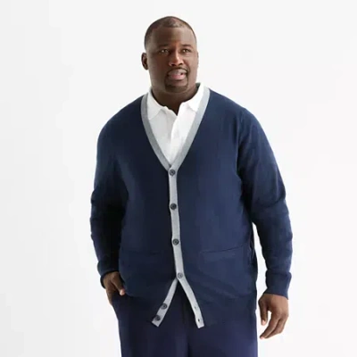 St. John's Bay Fine Gauge Mens V Neck Long Sleeve Button Big And Tall Cardigan In Blue