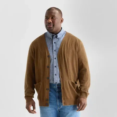 St. John's Bay Fine Gauge Mens V Neck Long Sleeve Button Big And Tall Cardigan In Brown