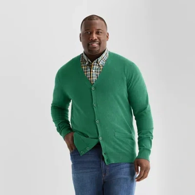 St. John's Bay Fine Gauge Mens V Neck Long Sleeve Button Big And Tall Cardigan In Green