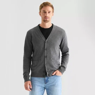 St. John's Bay Fine Gauge Mens V Neck Long Sleeve Button Cardigan In Gray