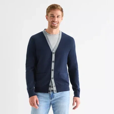 St. John's Bay Fine Gauge Mens V Neck Long Sleeve Button Cardigan In Blue