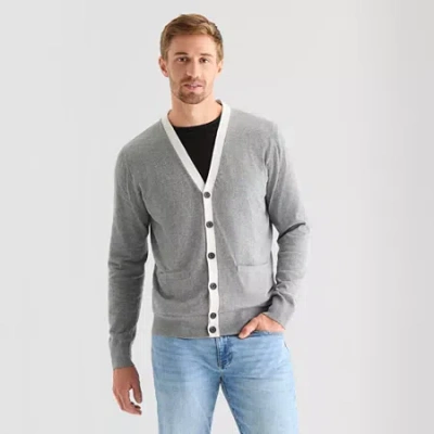 St. John's Bay Fine Gauge Mens V Neck Long Sleeve Button Cardigan In Gray