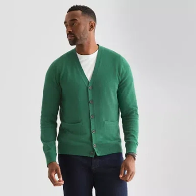 St. John's Bay Fine Gauge Mens V Neck Long Sleeve Button Cardigan In Green