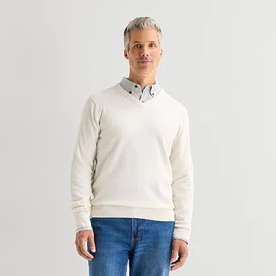 St. John's Bay Fine Gauge Mens V Neck Long Sleeve Pullover Sweater In White
