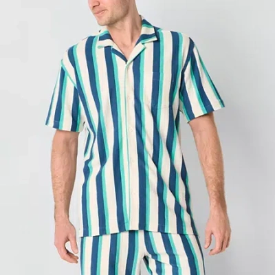 St. John's Bay French Terry Mens Short Sleeve Camp Shirt In Blue