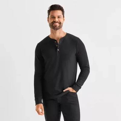 St. John's Bay Honeycomb Mens Henley Neck Long Sleeve Classic Fit Thermal Top In Black