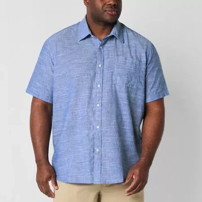 St. John's Bay Linen Blend Mens Short Sleeve Classic Fit Big And Tall Button-down Shirt In Blue