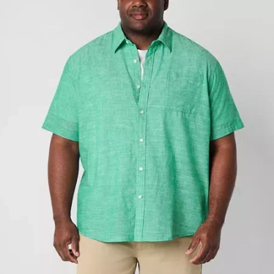 St. John's Bay Linen Blend Mens Short Sleeve Classic Fit Big And Tall Button-down Shirt In Green