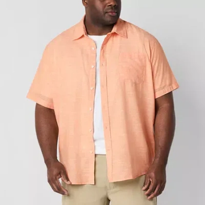 St. John's Bay Linen Blend Mens Short Sleeve Classic Fit Big And Tall Button-down Shirt In Orange