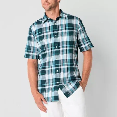 St. John's Bay Linen Blend Mens Short Sleeve Classic Fit Button-down Shirt In Green