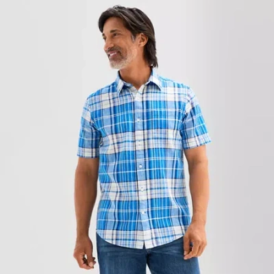 St. John's Bay Linen Blend Mens Short Sleeve Classic Fit Button-down Shirt In Blue