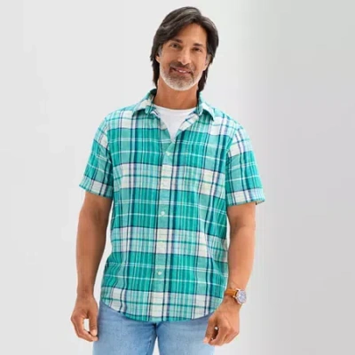 St. John's Bay Linen Blend Mens Short Sleeve Classic Fit Button-down Shirt In Multi