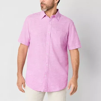 St. John's Bay Linen Blend Mens Short Sleeve Classic Fit Button-down Shirt In Purple