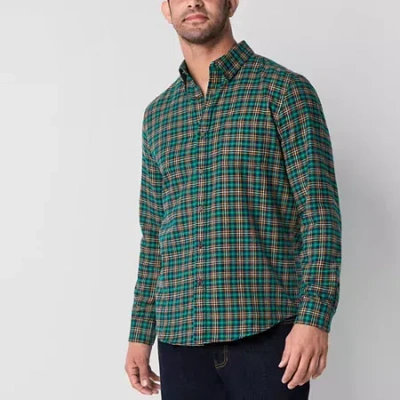 St. John's Bay Mens Easy-on + Easy-off Seated Wear Long Sleeve Adaptive Classic Fit Flannel Shirt In Green
