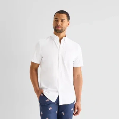 St. John's Bay Perforated Woven Mens Short Sleeve Classic Fit Button-down Shirt In White