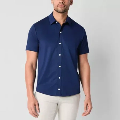 St. John's Bay Performance Knit Mens Short Sleeve Classic Fit Stretch Fabric Button-down Shirt In Blue