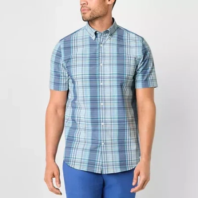 St. John's Bay Performance Mens Short Sleeve Classic Fit Stretch Fabric Button-down Shirt In Blue