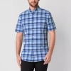 St. John's Bay Performance Mens Short Sleeve Slim Fit Stretch Fabric Button-down Shirt In Blue